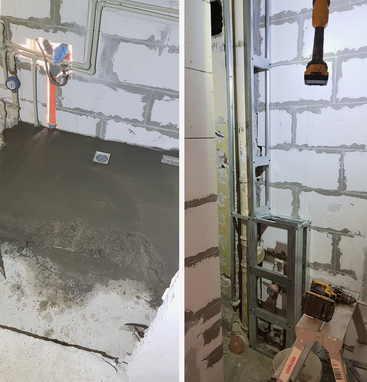 Bathroom renovation Sofia - self-leveling floor screed and drywall with metal profiles